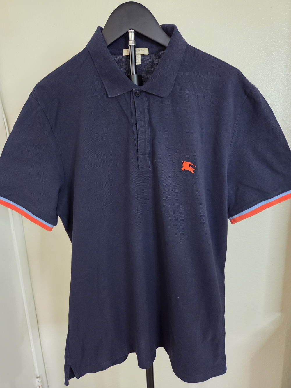 Burberry Navy Polo with Logo and Orange Trim